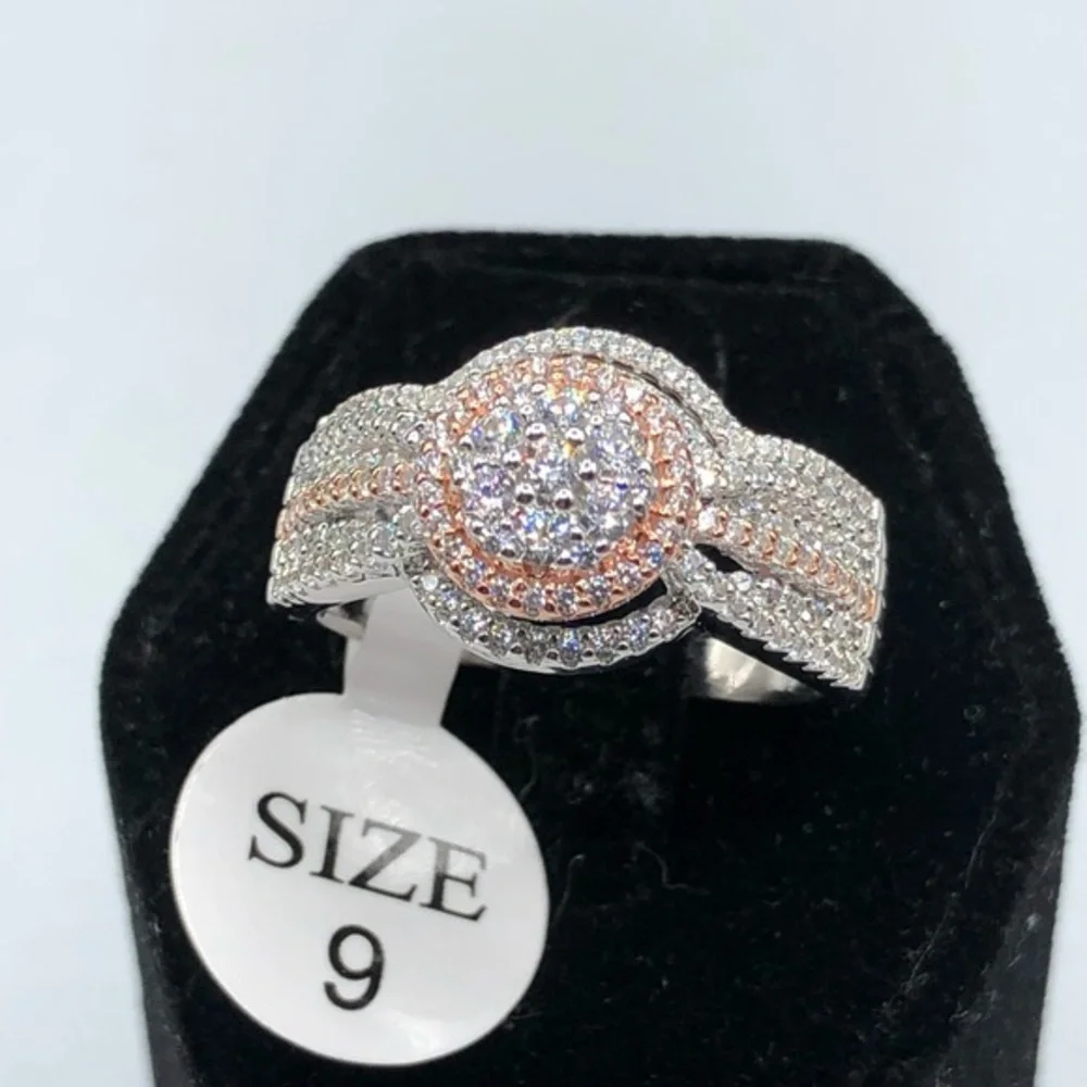 925 Sterling Silver Diamond Wedding Engagement Bridal 2 Band‎ Ring Set Sz 9